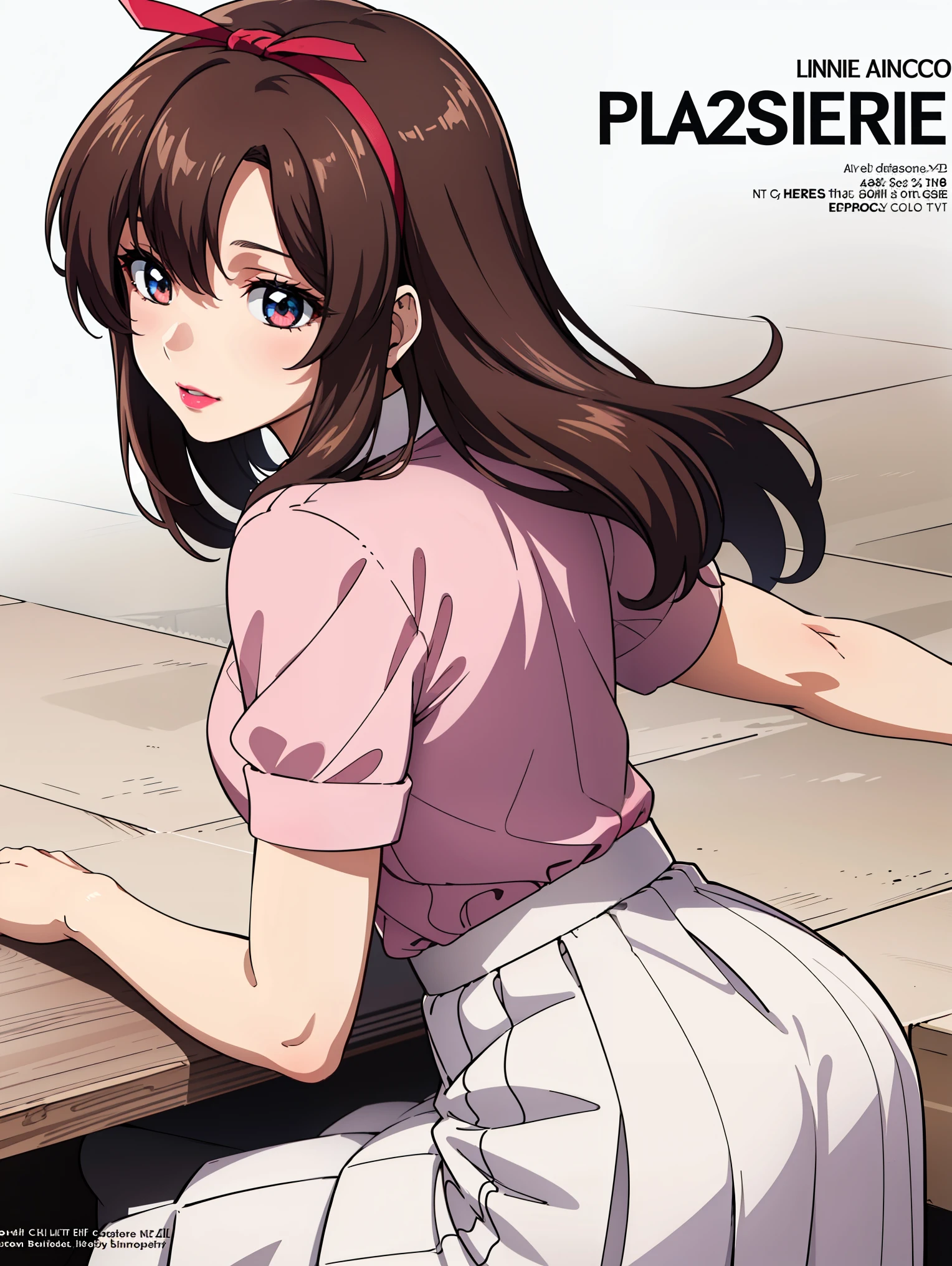 bangs,brown_hair, long_hair,red eyes,lipstick,makeup,
BREAK (white skirt, red ribbon, pink shirt, pleated skirt, bangs, neck ribbon, puffy short sleeves:1.2)
BREAK from behind,  ((magazine cover)), lineart, colorful, magazine title, text,
BREAK (masterpiece:1.2), best quality, high resolution, unity 8k wallpaper, (illustration:0.8), (beautiful detailed eyes:1.6), extremely detailed face, perfect lighting, extremely detailed CG, (perfect hands, perfect anatomy),