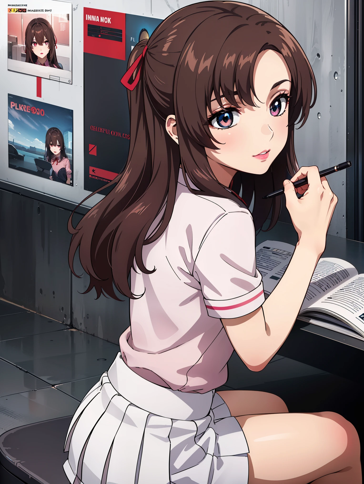 bangs,brown_hair, long_hair,red eyes,lipstick,makeup,
BREAK (white skirt, red ribbon, pink shirt, pleated skirt, bangs, neck ribbon, puffy short sleeves:1.2)
BREAK from behind,  ((magazine cover)), lineart, colorful, magazine title, text,
BREAK (masterpiece:1.2), best quality, high resolution, unity 8k wallpaper, (illustration:0.8), (beautiful detailed eyes:1.6), extremely detailed face, perfect lighting, extremely detailed CG, (perfect hands, perfect anatomy),