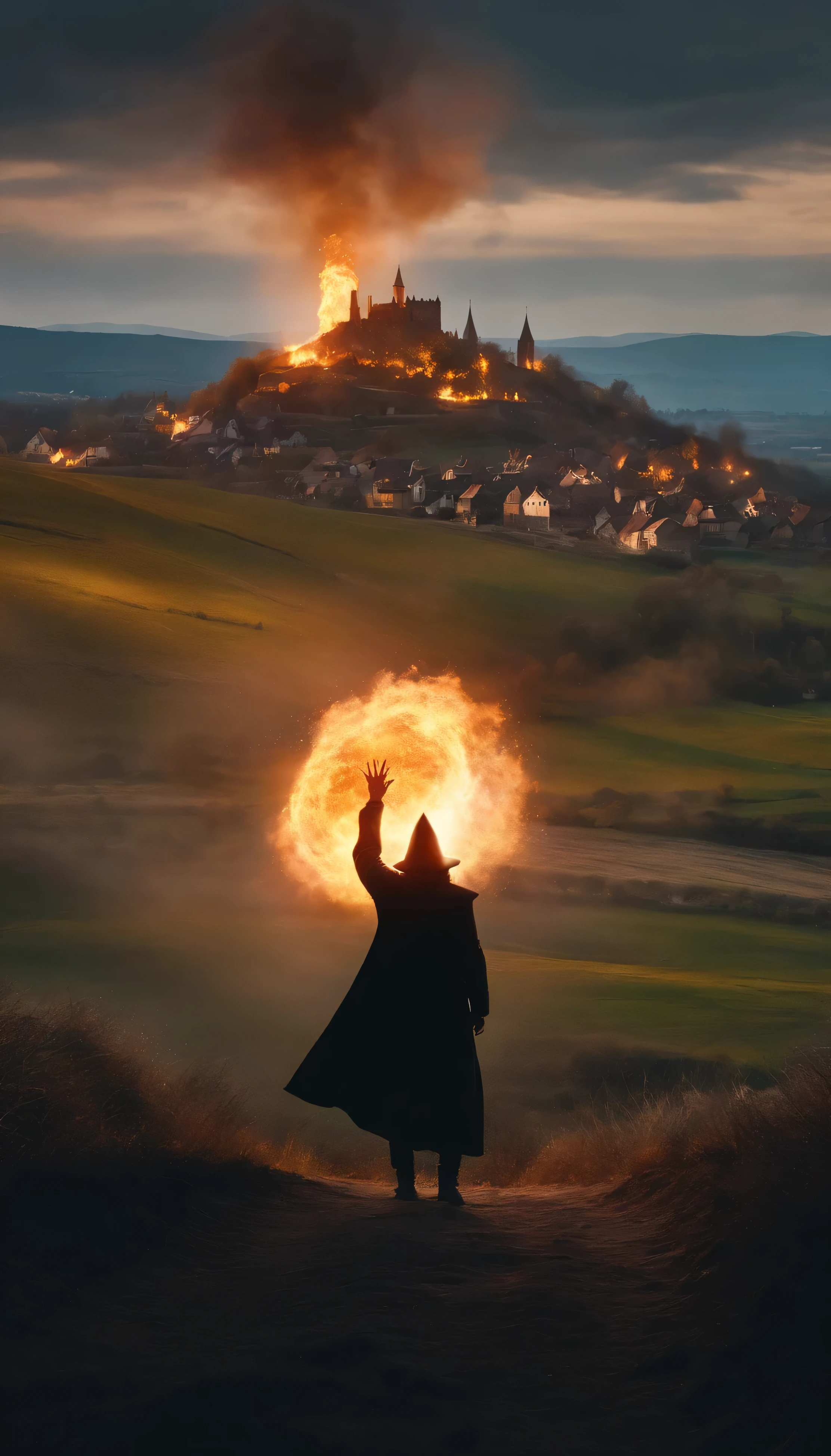 8k, close distance portrait, a male wizard with black clothes and grey short hair from behind, throwing a super massive huge fireball to a village in the distance from hill, with a burning village background the distance