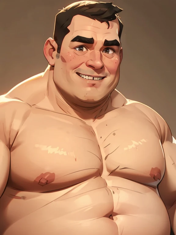 Greg, fat mid-50s overweight guy, dad-bod, slightly balding, dark eyes, big nose, ((((no-muscles)))), ((((shaved face))), exaggerated grin
