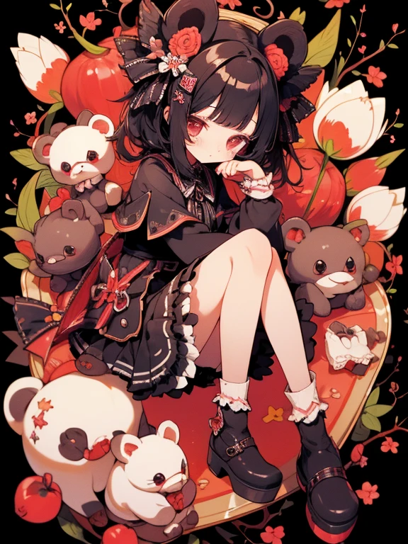 bear tulip cherries one girl fluffy frills knees miniskirt stuffed toy cute high quality high resolution uniform Gothic ta cherry accessories two knots hair arrangement