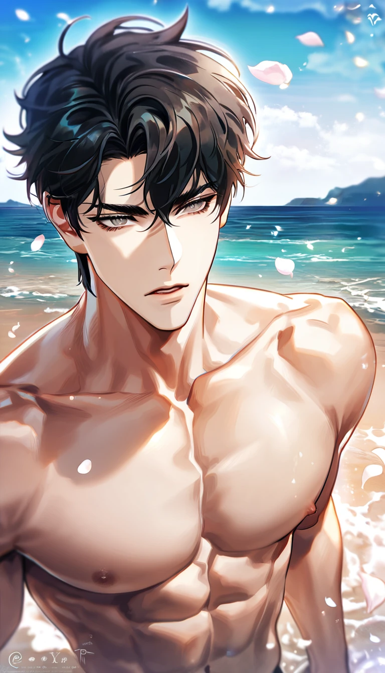 (absurdres, highres, ultra detailed, HDR) master piece, best quality, perfect face, delicated features, Yoo Joonghyuk, black hair, expressive gray eyes, Omniscient reader's viewpoint, solo, sexy man, handsome, bare chest, sea, beach, petals