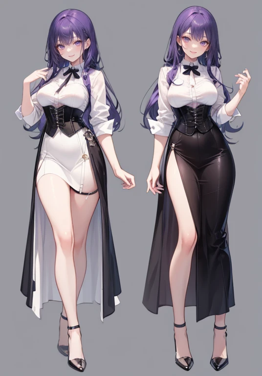 Purple hair,Long hair,Adult female,Bartender,((Body harness)),((Rolling up your sleeves shirt)),(Corset),(Long skirt),(slit),High heels,((Simple background)),Smile,((Full body)),((whole body)),Character Sheet,