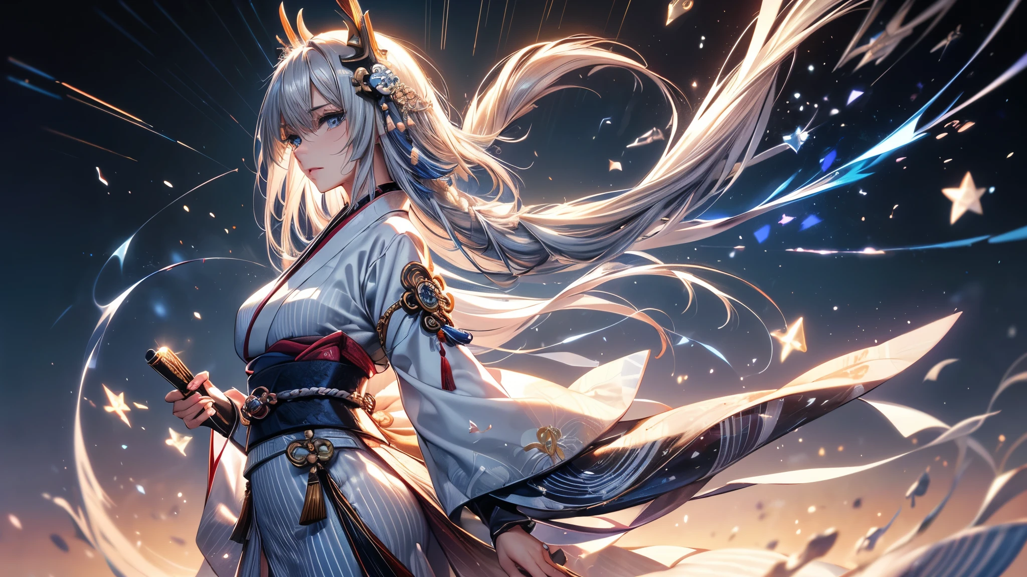(Ultra-delicate), (Be focused), (high resolution), (((Silver hair with gradient stripes and light blue tail))), One, Cute beauty face, alone, Fine facial textures, ((Light blue eyes)), thin eyebrows, long upper eyelashes, Double eyelids, Upper Eye, (super detailed eyes), Sexy lips, lip details, White skin, Delicate skin, Deformed depth of field blurred background, (Detailed background), Perfect layer cut, (full-body shot/Cowboy shooting/side view), wallpaper, Shimmer, complicated, familiar, ((Onmyoji)), particle, constellation, Stardust, Pentagram, God formula, (((Talisman))), mysterious, peaceful, Japan, Black, White Kimono, Fortune Telling, time and space, incantations, ((Yin Yang Liao)), ((Japan宮廷)), Artistic, 8k