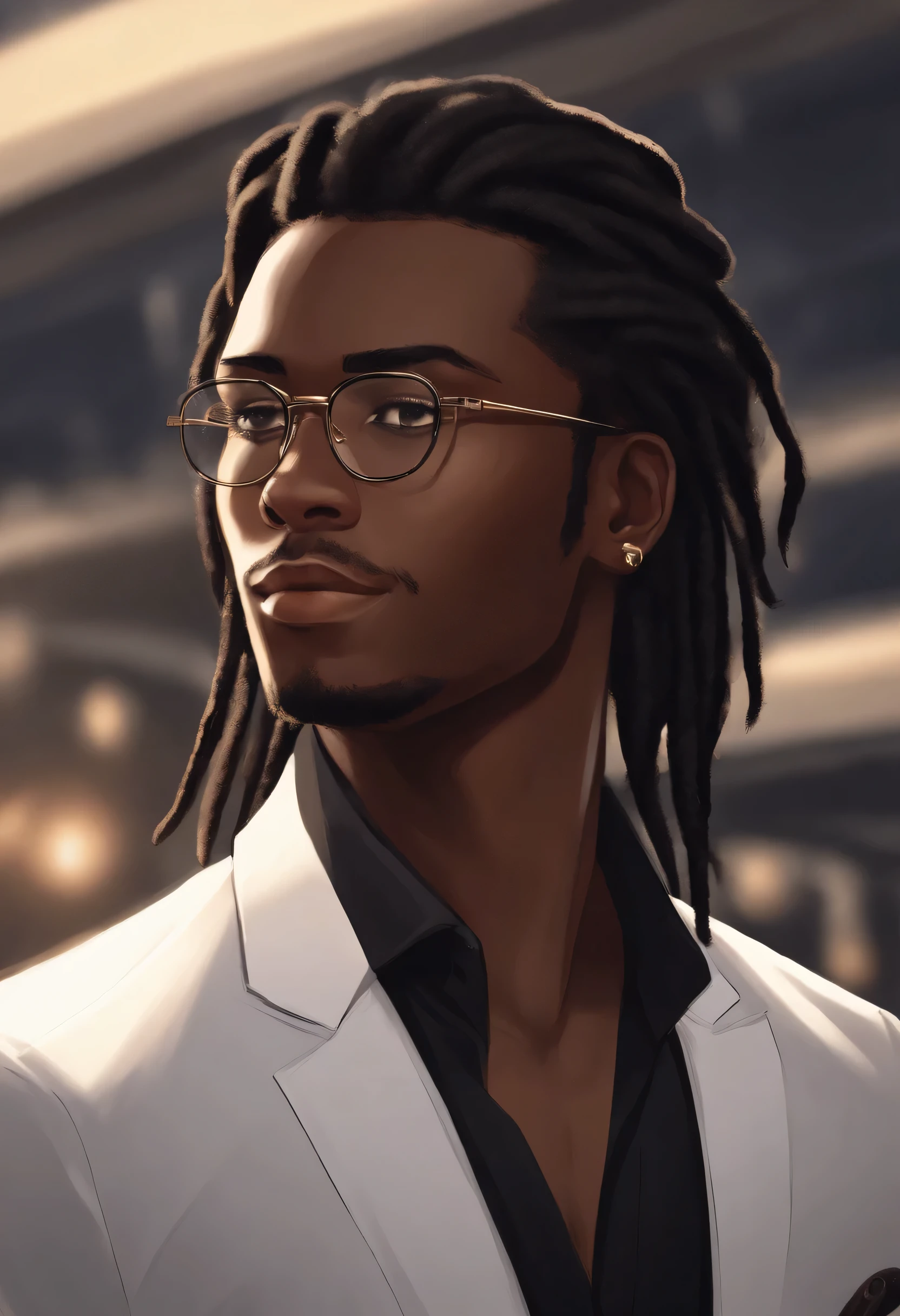 Dark skinned young man with brown eyes and a black suit, black dreadlocks, shoulder length dreadlock style hair, stubble beard, wearing black nerd glasses in an anime style, colored sketch, unrealistic character concept, character concept portrait, detailed character portrait, anime style character, anime style portrait, a character portrait, cel - shaded art style, His attire consists of a black, unbuttoned suit with gold colored buttons on the front of the blazer and on the bottom of his sleeves and he wears a white v-neck shirt, black pants, a large black belt with a silver buckle, a smaller black belt that hangs loose on the side of his hip, and has on tan shoes with black buckles.