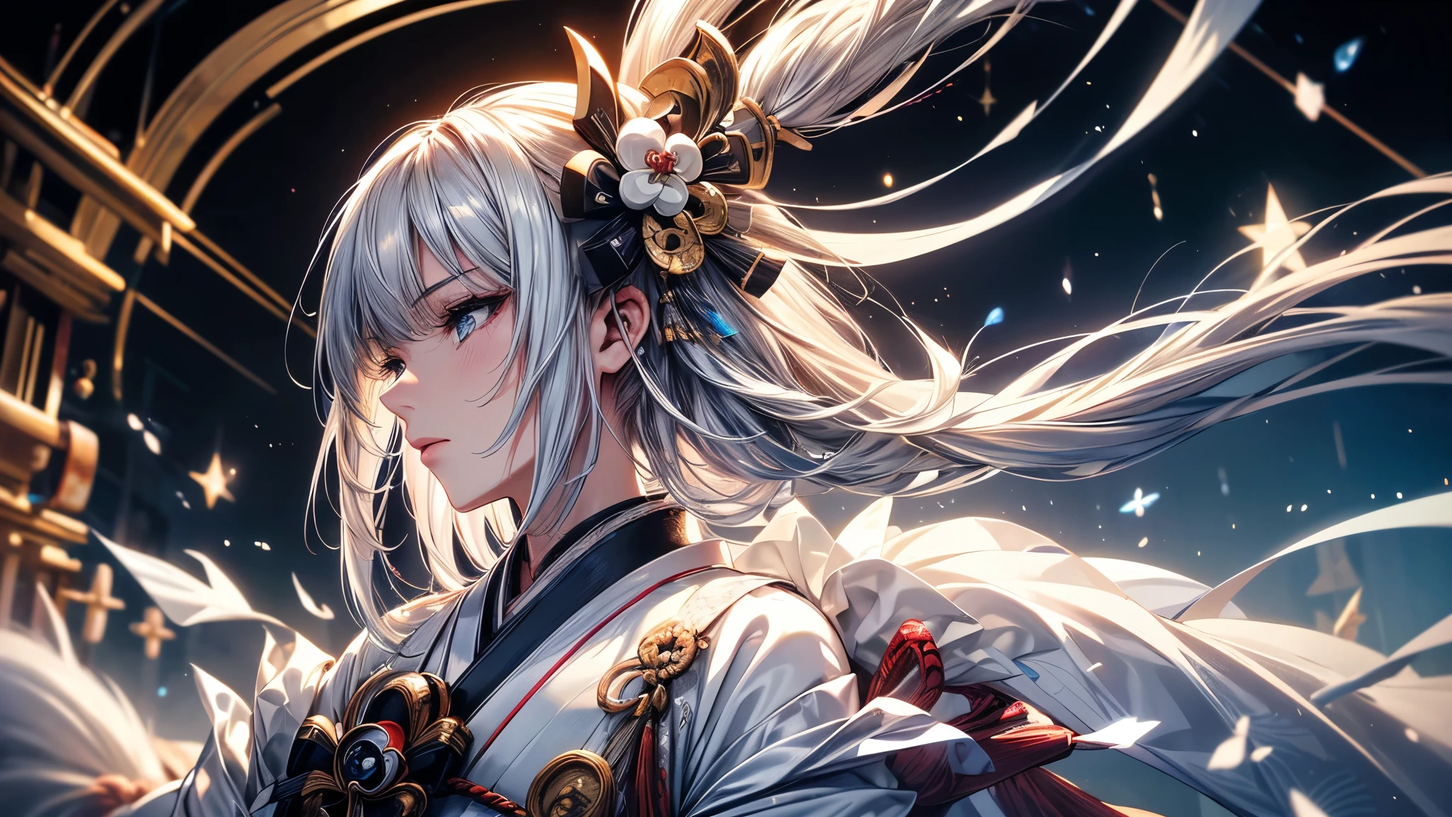 (Ultra-delicate), (Be focused), (high resolution), (((Silver hair with gradient stripes and light blue tail))), One, Cute beauty face, alone, Fine facial textures, ((Light blue eyes)), thin eyebrows, long upper eyelashes, Double eyelids, Upper Eye, (super detailed eyes), Sexy lips, lip details, White skin, Delicate skin, Deformed depth of field blurred background, (Detailed background), Perfect layer cut, (full-body shot/Cowboy shooting/side view), wallpaper, Shimmer, complicated, familiar, ((Onmyoji)), particle, constellation, Stardust, Pentagram, God formula, (((Talisman))), mysterious, peaceful, Japan, Black, White Kimono, Fortune Telling, time and space, incantations, ((Yin Yang Liao)), ((Japan宮廷)), Artistic, 8k