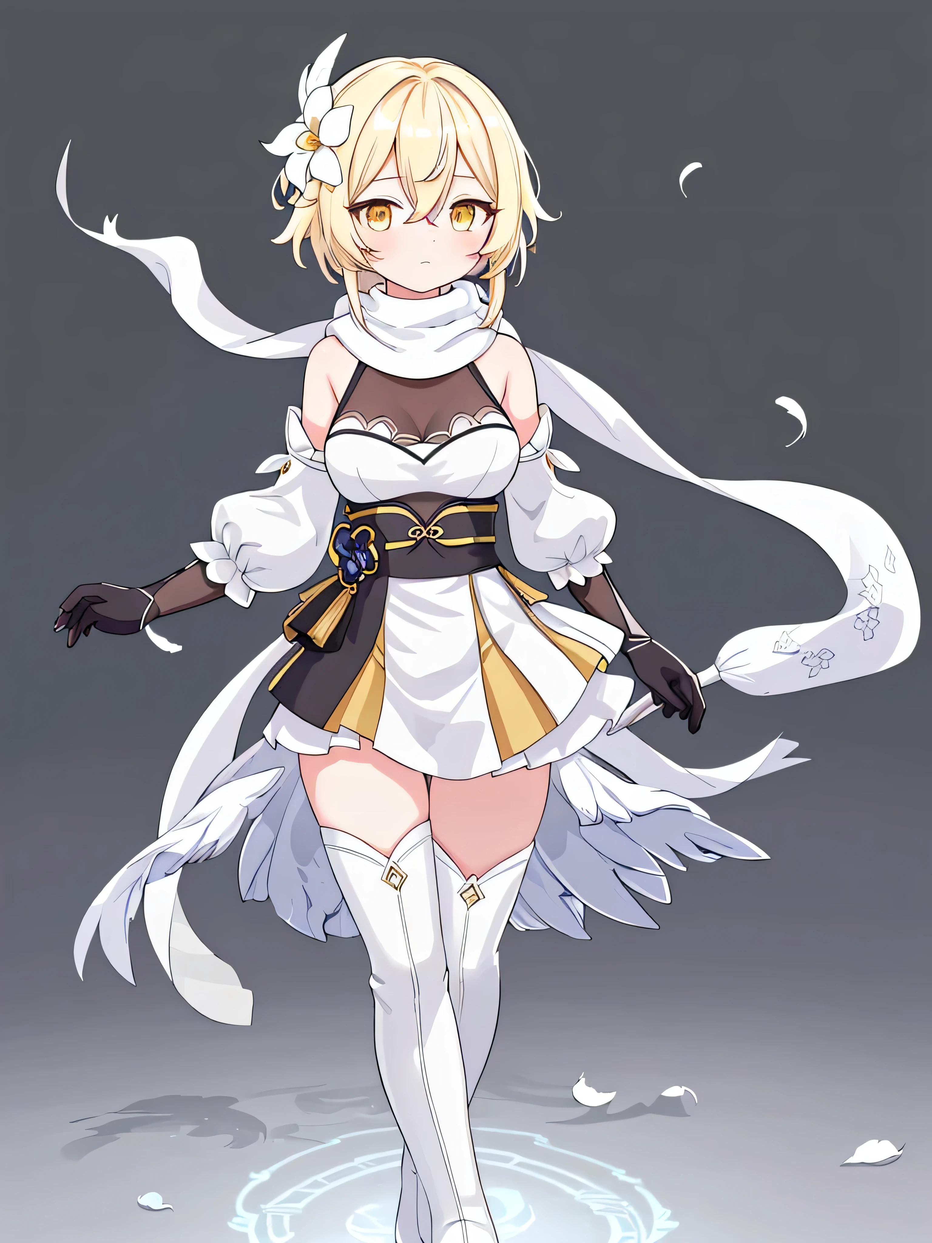 masterpiece, top quality, super detailed, CG illustration, high resolution, better lighting, best shadows, very delicate and beautiful, proper shading, hd, 8k,lumine (genshin impact), 1girl, solo, breasts, looking at viewer, bangs, blonde hair, simple background, hair ornament, thighhighs, gloves, dress, hair between eyes, bare shoulders, closed mouth, standing, full body, yellow eyes, flower, sidelocks, boots, detached sleeves, hair flower, scarf, white dress, thigh boots, white footwear, feathers, white flower, black background, short hair with long locks, white scarf, feather hair ornament