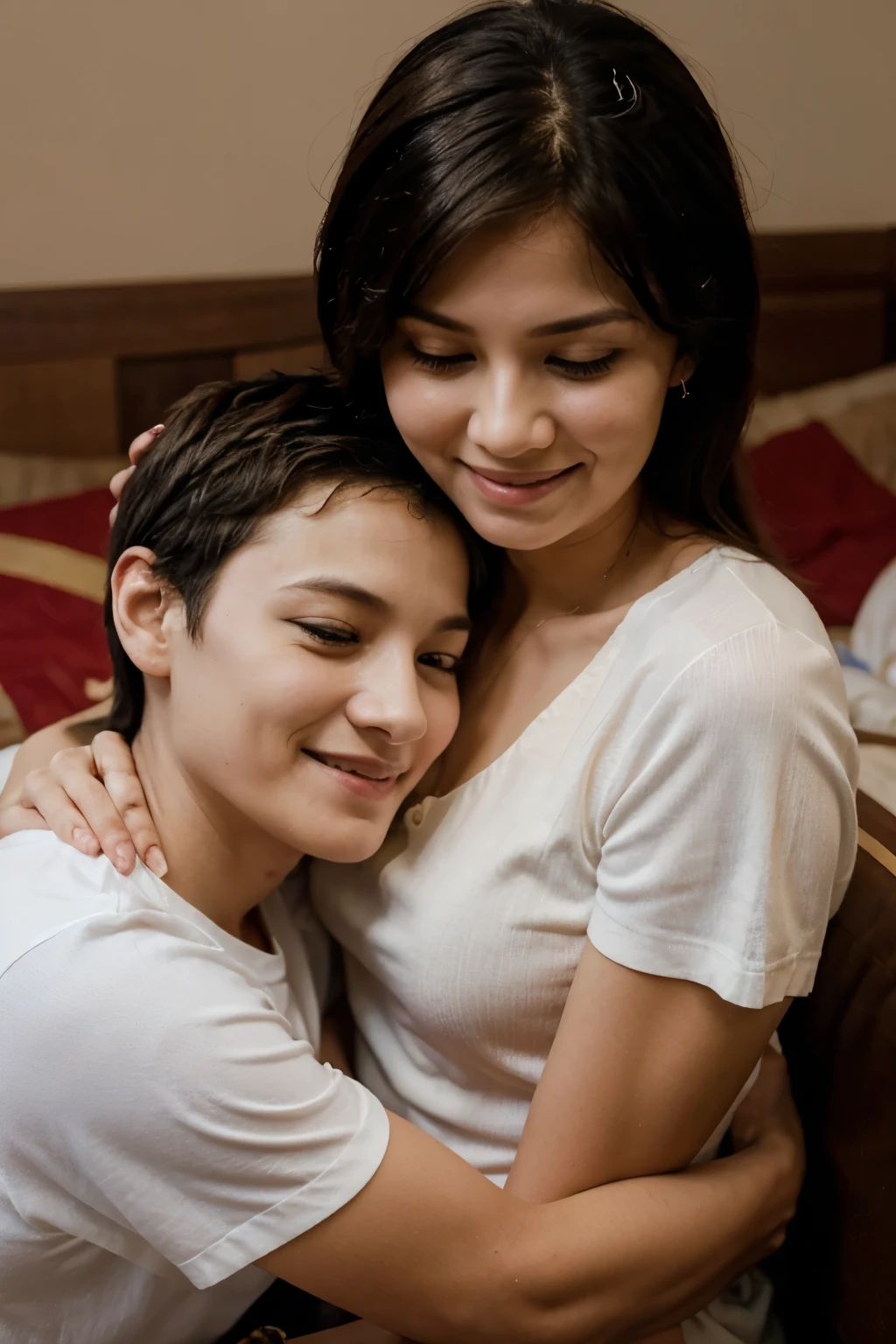 Little son clings to his mother and they are both happy after he gives her a gift on Mother's Day