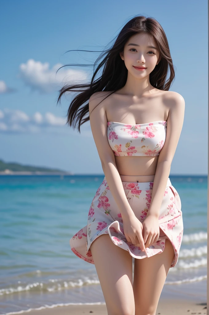 Realistic photo, beautiful Asian girl wearing flowery wind lift skirt, curvy figure, slim waist, smiling, bare shoulders, thighs, windy, blurred background of the beach.