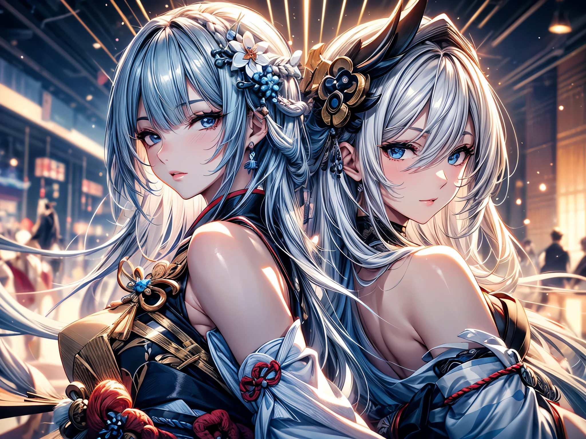 (Ultra-delicate), (Be focused), (high resolution), (((Silver hair with gradient stripes and light blue tail))), Cute beauty face, Fine facial textures, ((Light blue eyes)), thin eyebrows, long upper eyelashes, Double eyelids, Upper Eye, (super detailed eyes), Sexy lips, lip details, White skin, Delicate skin, Deformed depth of field blurred background, (Detailed background), Perfect layer cut, (full-body shot/Cowboy shooting/side view), wallpaper, Shimmer, complicated, familiar, ((Onmyoji)), particle, constellation, Stardust, Pentagram, God formula, (((Talisman))), mysterious, peaceful, Japan, Black, White Kimono, Fortune Telling, time and space, incantations, ((Yin Yang Liao)), ((Japan宮廷)), Artistic, 8k