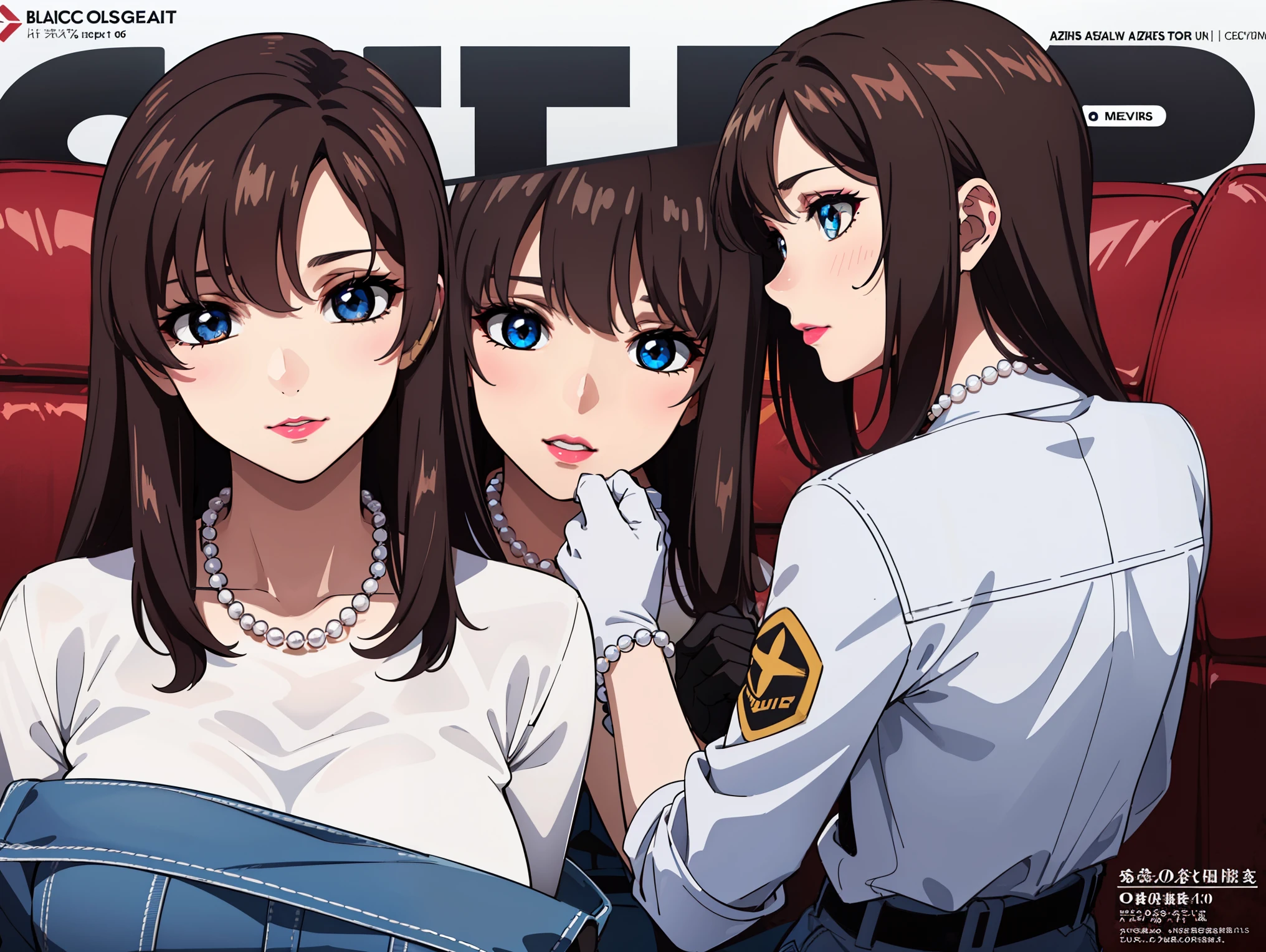 bangs,brown_hair, long_hair,red eyes,lipstick,makeup,
BREAK (belt, jeans, pearl_necklace, bracelet, black gloves, white shirt:1.2)
BREAK from behind, ((magazine cover)), lineart, colorful, magazine title, text,
BREAK (masterpiece:1.2), best quality, high resolution, unity 8k wallpaper, (illustration:0.8), (beautiful detailed eyes:1.6), extremely detailed face, perfect lighting, extremely detailed CG, (perfect hands, perfect anatomy),