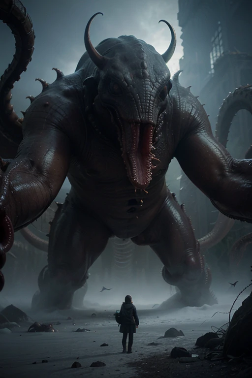 ((masterpiece, highest quality, Highest image quality, High resolution, photorealistic, Raw photo, 8K)), people taking pictures of a giant creature with their cell phones, lovecraftian background, lovecraftian atmosphere, giant cthulhu, huge creature, gigantic cthulhu, giant ethereal creature, eldritch being, lovecraftian monster, giant tentacles, an ominous fantasy illustration, looming creature with a long, nyarlathotep, lovecraftian landscape,