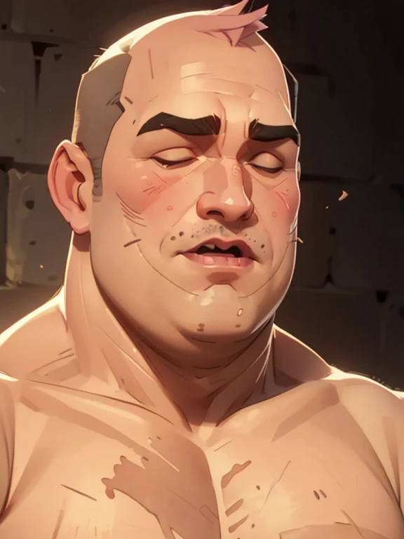 Greg, fat mid-50s overweight guy, dad-bod, slightly balding, dark eyes, big nose, ((((no-muscles)))), ((((shaved face))), (half open mouth), closed eyes