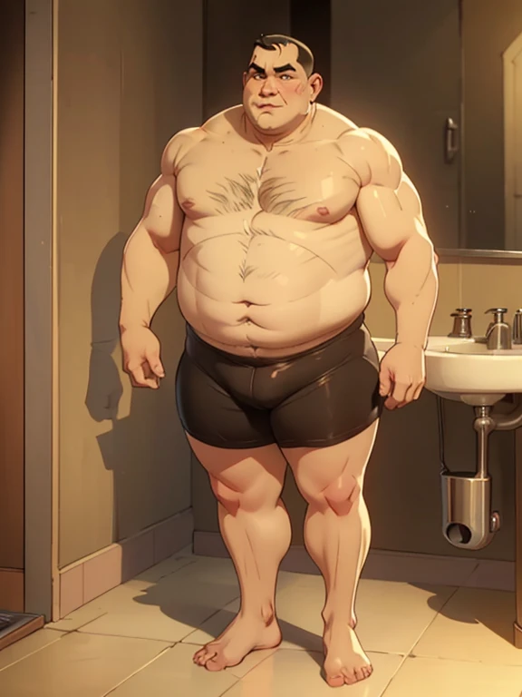 Greg, fat mid-50s overweight guy, dad-bod, slightly balding, dark eyes, big nose, ((((no-muscles)))), ((((shaved face))), ((full body)), wearing trunks, standing in bathroom