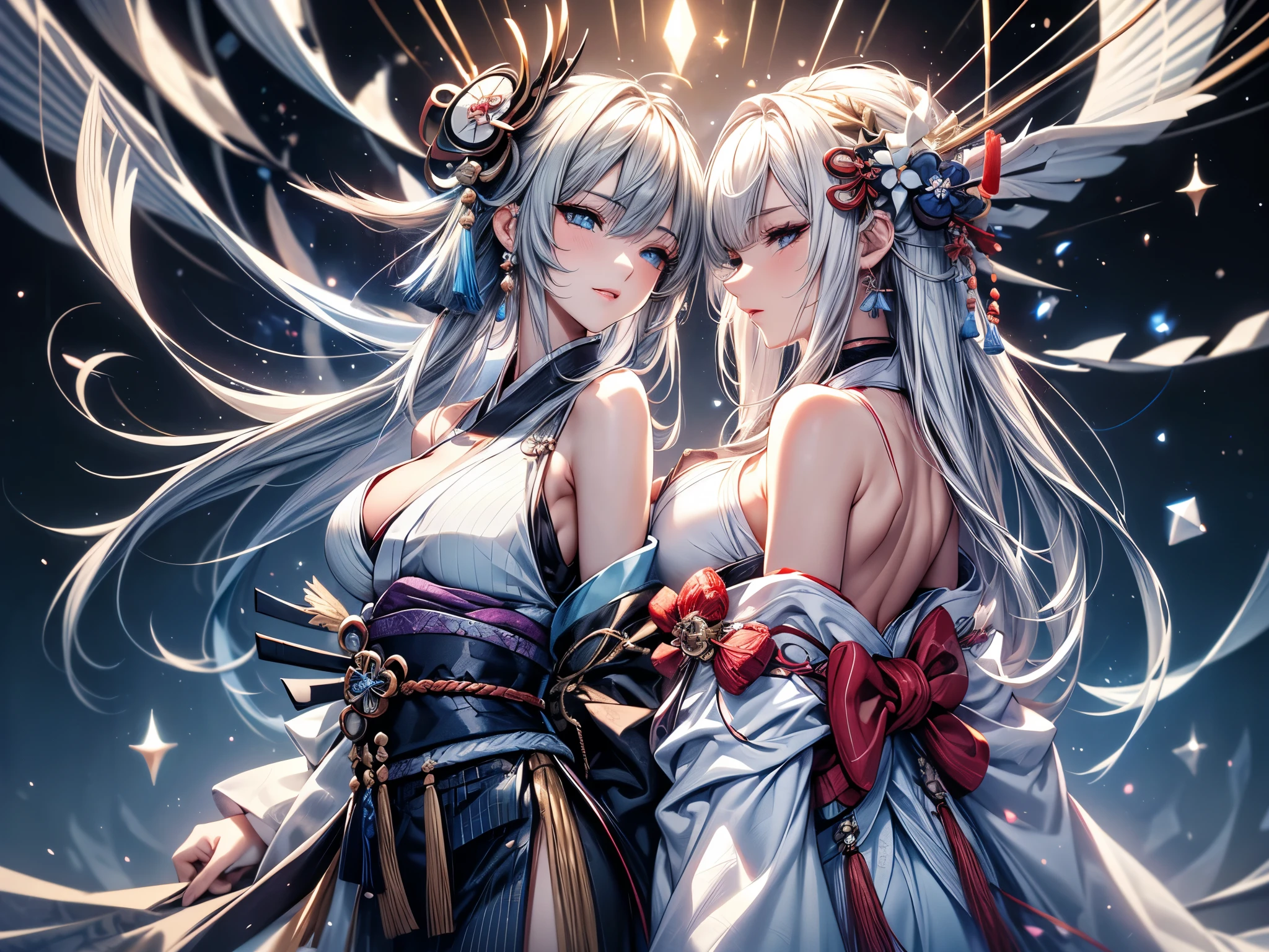 (Ultra-delicate), (Be focused), (high resolution), (((Silver hair with gradient stripes and light blue tail))), Cute beauty face, Fine facial textures, ((Light blue eyes)), thin eyebrows, long upper eyelashes, Double eyelids, Upper Eye, (super detailed eyes), Sexy lips, lip details, White skin, Delicate skin, Deformed depth of field blurred background, (Detailed background), Perfect layer cut, (full-body shot/Cowboy shooting/side view), wallpaper, Shimmer, complicated, familiar, (Onmyoji), particle, constellation, Stardust, Pentagram, ((Talisman)), mysterious, peaceful, Japan, Black, White Kimono, Fortune Telling, time and space, incantations, Yin Yang Liao, Artistic, 8k