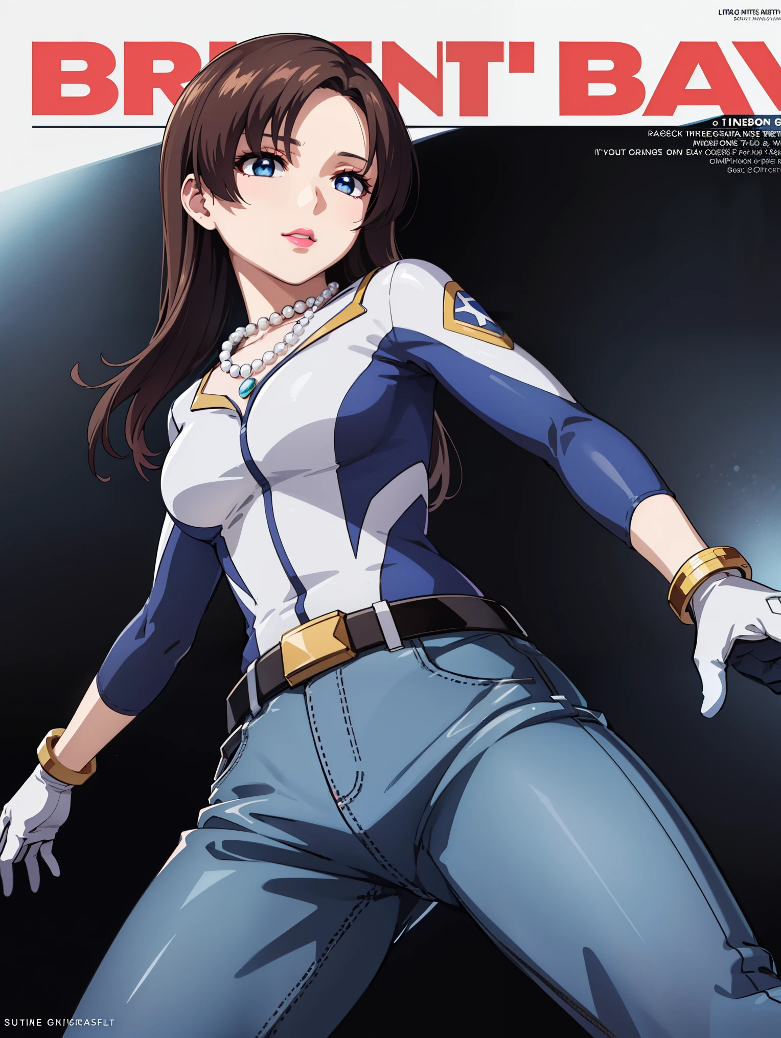 bangs,brown_hair, long_hair,red eyes,lipstick,makeup,
BREAK (belt, jeans, pearl_necklace, bracelet, black gloves, white shirt,ultragirl, ultraman bodysuit:1.2)
BREAK from behind,  ((magazine cover)), lineart, colorful, magazine title, text,
BREAK (masterpiece:1.2), best quality, high resolution, unity 8k wallpaper, (illustration:0.8), (beautiful detailed eyes:1.6), extremely detailed face, perfect lighting, extremely detailed CG, (perfect hands, perfect anatomy),