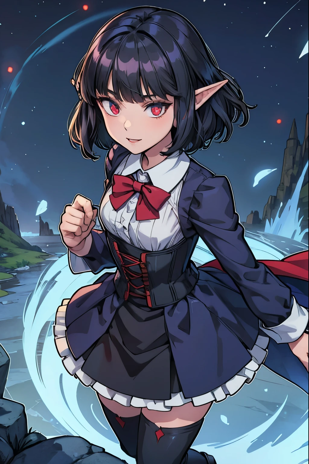 Anime girl, short black hair, Bangs are heavy, elf ears, red eyes, vampire, sorcerer, magician, witch, big witch hat, elegant,((best quality)), ((highly detailed)), masterpiece, absurdres, (detailed eyes, deep eyes), (1girl), puffy shirt, big bowtie, corset, skirt, stockings, boots, cape, Outside at night when the moon shines, dress, frills, The sleeves are wide at the hem, long sleeve shirt