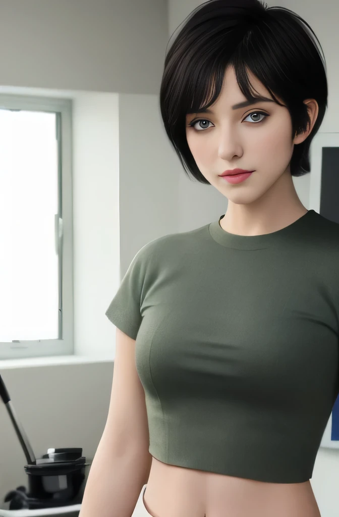 ((best quality)), ((masterpiece)), ((Practical)),((Sharp eyes), Black short-haired woman in studio, Green Eyes, ((ultra Practical)), Boy haircuts, ((front)), Wearing a crop top,