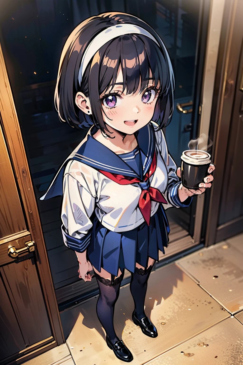 sailor uniform, sailor suit, one woman, (A beauty woman, Delicate high school girl:1.3), 8K, highest quality, masterpiece, Very detailed, Ultra-high resolution, Realistic, RAW Photos, Absolute Resolution, Black Hair, Bobcut, Small face compared to body, Very small face, Black Hair, ((Navy blue sailor suit)), Navy Blue Skirt, High school girl in sailor suit, 2D Rendering of Anime, Realistic若いアニメの女子高生, , ((White headband)), Small breasts, tall, Slanted Eyes, Purple Eyes, Black Stockings, garter belt, toothless smile, Private room, (Hold a coffee cup in your right hand:1.3), (holding a cookie in hand:1.3), (from above:1.4), Open your mouth, smile, full body, 