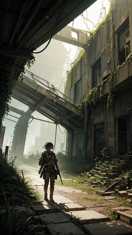 Prompt: Generate an image of a post-apocalyptic wasteland reclaimed by nature, with overgrown ruins poking through the dense foliage. Include a resourceful young girl scavenging for supplies amidst the ruins, accompanied by a loyal robotic companion. Style: Depict a blend of desolation and beauty, using muted earth tones and dramatic lighting to convey a sense of resilience and hope.