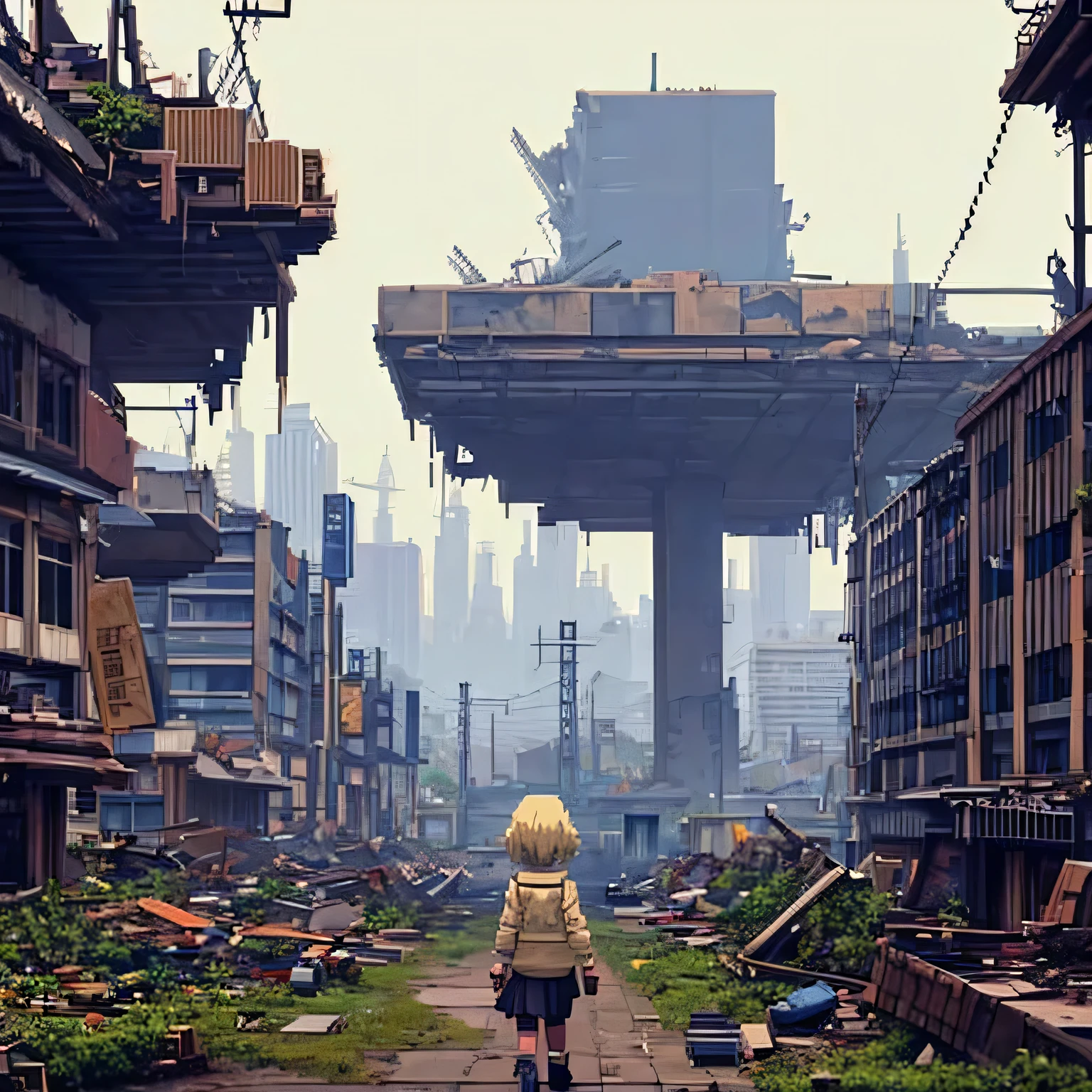 Girl with little clothes walking towards the dark city_anime style landscape_decaying city_poor lighting_girl walking in the city_planet seen in the sky_destroyed apocalyptic city_flora growing in the middle of the city_pixel art