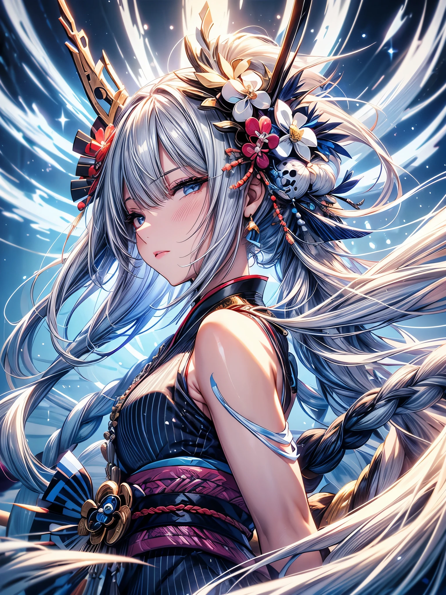 (Ultra-delicate), (Be focused), (high resolution), (((Silver hair with gradient stripes and light blue tail))), Cute beauty face, Fine facial textures, ((Light blue eyes)), thin eyebrows, long upper eyelashes, Double eyelids, Upper Eye, (super detailed eyes), y lips, lip details, White skin, Delicate skin, Deformed depth of field blurred background, (Detailed background), Perfect layer cut, (full-body shot/Cowboy shooting/side view), wallpaper, Shimmer, complicated, familiar, ((Onmyoji)), particle, constellation, Stardust, Pentagram, (((Talisman))), mysterious, peaceful, Japan, Black, White Kimono, Fortune Telling, time and space, incantations, ((Yin Yang Liao)), ((Japan宮廷)), Artistic, 8k