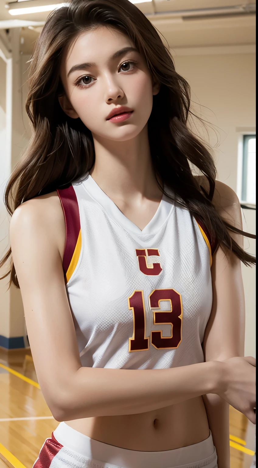realistically, high resolution, soft light, fair, Tempting, Sexy, White Americans, 18 years old, Tall and thin, Wearing USC volleyball uniform, stand completely, in the gym, face camera, 8K, masterpiece, masterpiece,