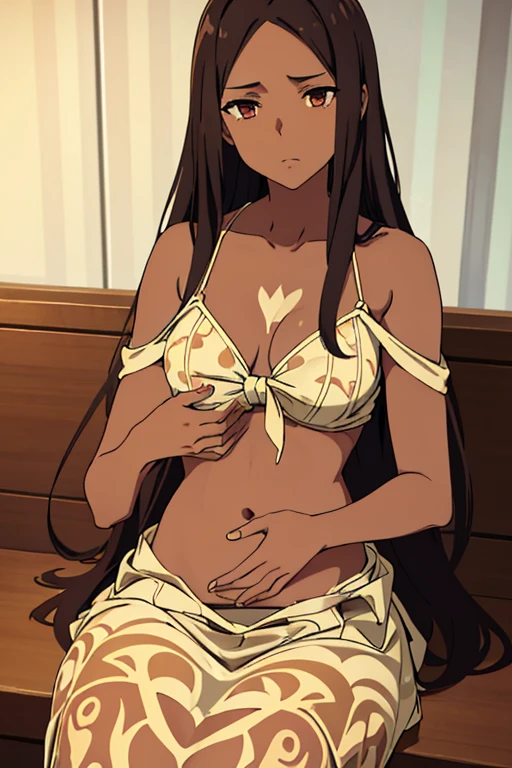 ((best quality)), ((masterpiece)), (detailed), perfect face, brown skin anime woman in a deep V Neck front-tie top, (bare shoulders), (long skirt), (cool patterned top), famished in hunger, (gently resting hands on stomach), (long hair), (hands on her stomach), (slim and fit woman)