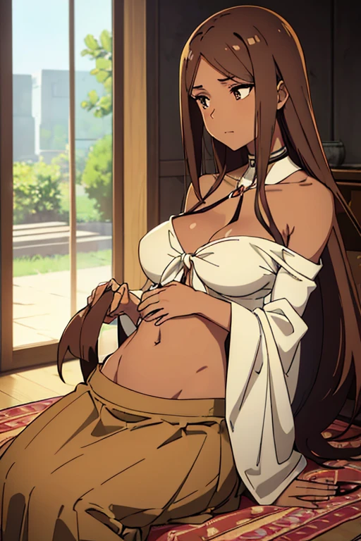 ((best quality)), ((masterpiece)), (detailed), perfect face, brown skin anime woman in a deep V Neck front-tie top, (bare shoulders), (long skirt), (cool patterned top), famished in hunger, (gently resting hands on stomach), (long hair), (hands on her stomach), (slim and fit woman)