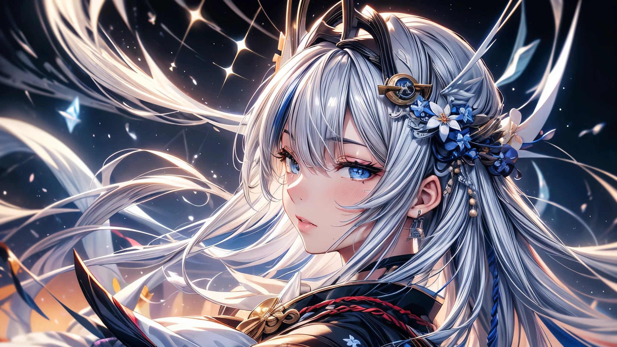 (Ultra-delicate), (Be focused), (high resolution), (((Silver hair with gradient stripes and light blue tail))), Cute beauty face, Fine facial textures, ((Light blue eyes)), thin eyebrows, long upper eyelashes, Double eyelids, Upper Eye, (super detailed eyes), Sexy lips, lip details, White skin, Delicate skin, Deformed depth of field blurred background, (Detailed background), Perfect layer cut, (full-body shot/Cowboy shooting/side view), wallpaper, Shimmer, complicated, familiar, ((Onmyoji)), particle, constellation, Stardust, Pentagram, (((Talisman))), mysterious, peaceful, Japan, Black, White Kimono, Fortune Telling, time and space, incantations, ((Yin Yang Liao)), ((Japan宮廷)), Artistic, 8k