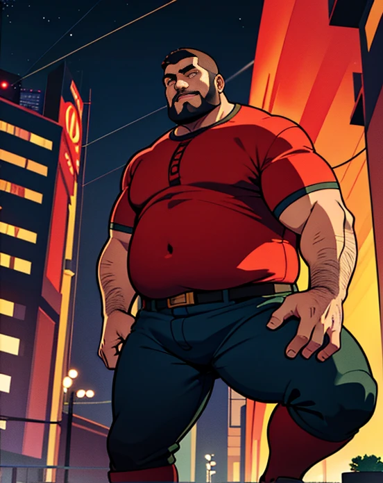 Photograph Front view 1 chubby man with extremely thick thighs , careca, obeso, homem de meia idade, camisa branca aberta mostrando a barriga e peitoral usando apenas sunga vermelha e meias, parado na rua, looking at the sky, noite em uma cidade cyberpunk , dim street lamp, talking to the spectator gesturing with his hands, dialogando, discutindo. ele&#39;is calling the viewer, he is delivering something, he is gesturing for you to come closer to him. Gargalhando, zangado, triste, muito feliz, deprimido. Cabelos de cores variadas.