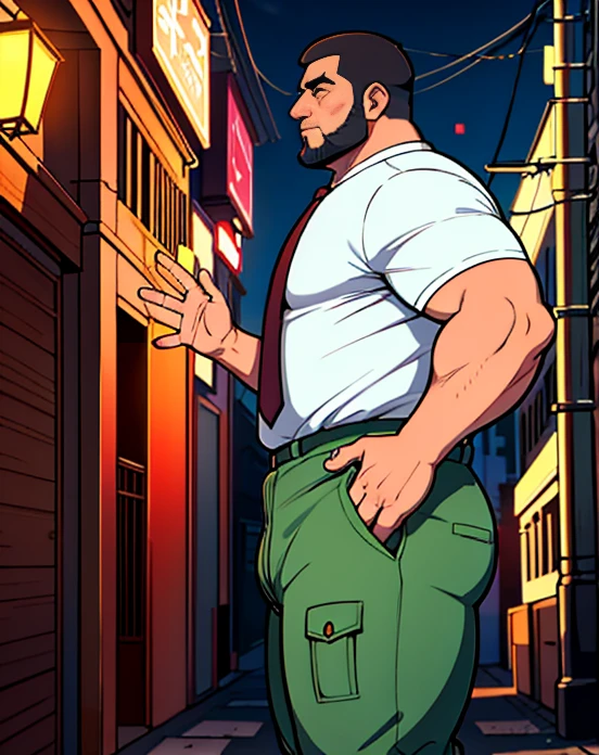 Photograph Front view 1 chubby man with extremely thick thighs , careca, obeso, homem de meia idade, camisa branca aberta mostrando a barriga e peitoral usando apenas sunga vermelha e meias, parado na rua, looking at the sky, noite em uma cidade cyberpunk , dim street lamp, talking to the spectator gesturing with his hands, dialogando, discutindo. ele&#39;is calling the viewer, he is delivering something, he is gesturing for you to come closer to him. Gargalhando, zangado, triste, muito feliz, deprimido. Cabelos de cores variadas.