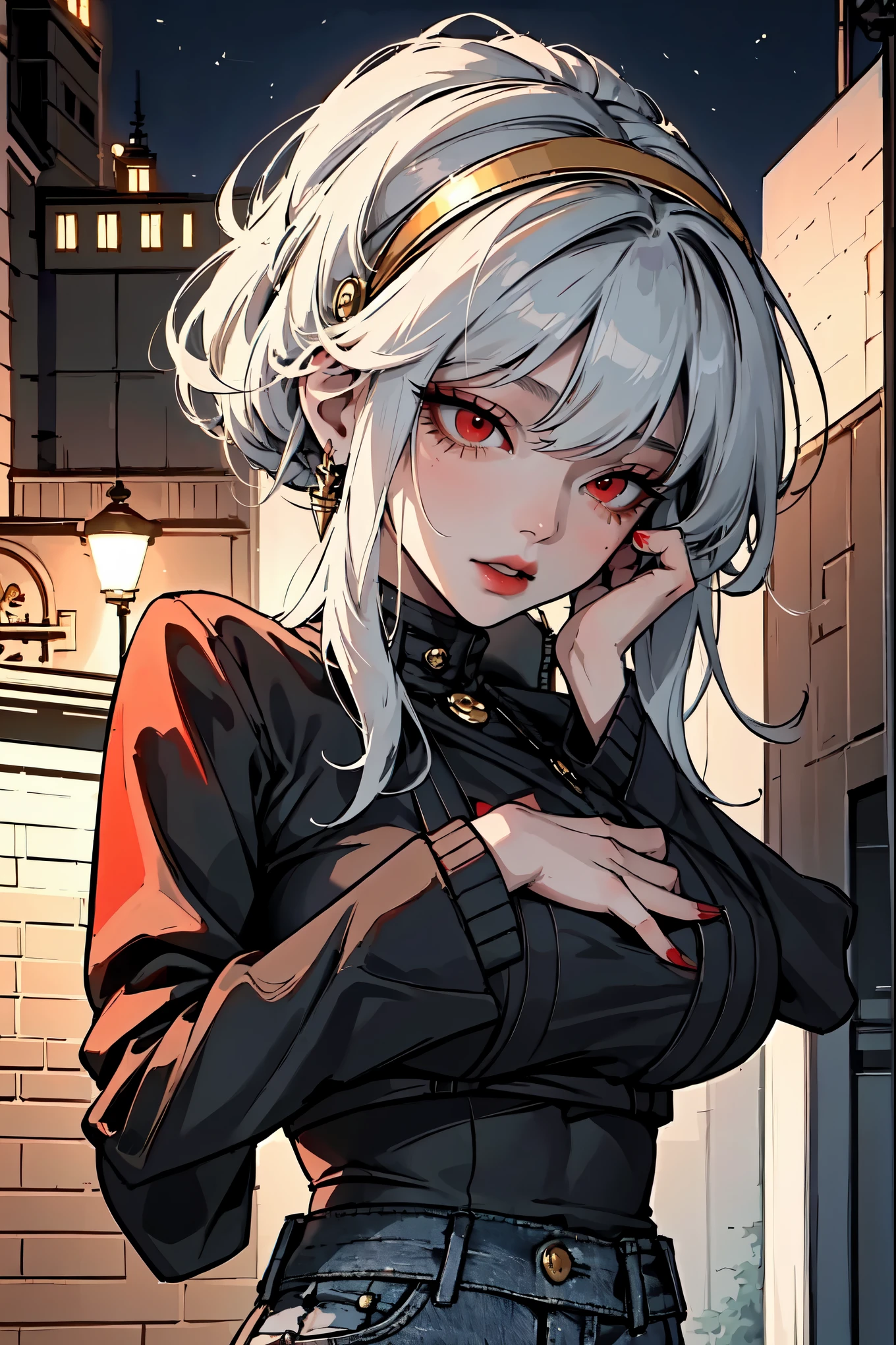 (masterpiece, best quality), 1girl, bbyorf, short hair with long locks, white hairband, red eyes, gold earrings, large breasts, emo, beautiful hair, black hair, colorful hair, intricate jacket, jeans, magical tattoos, perfect night, moonlight, street, detailed skin, skin blemish, 4K