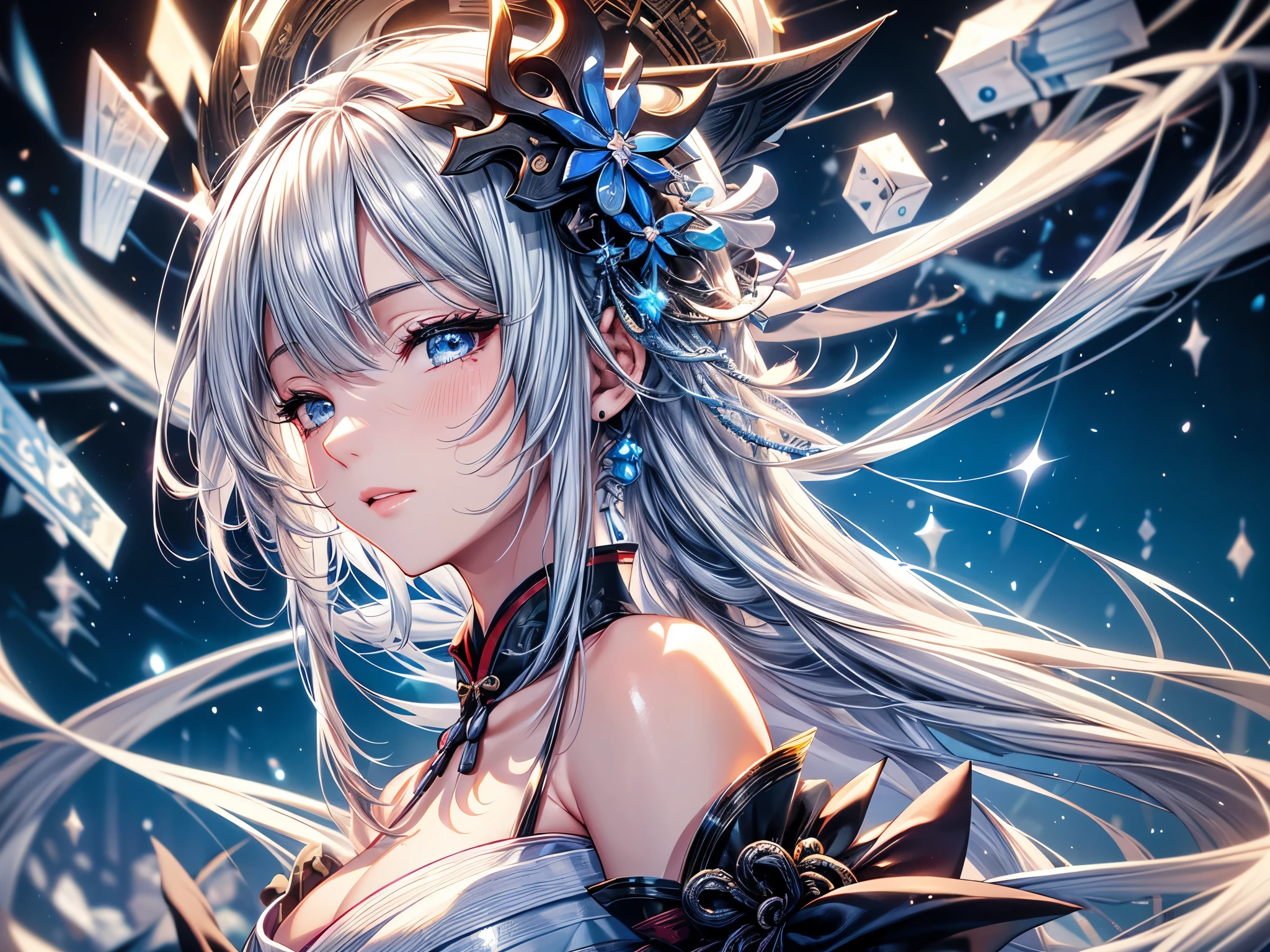 (Ultra-delicate), (Be focused), (high resolution), (((Silver hair with gradient stripes and light blue tail))), Cute beauty face, Fine facial textures, ((Light blue eyes)), thin eyebrows, long upper eyelashes, Double eyelids, Upper Eye, (super detailed eyes), Sexy lips, lip details, White skin, Delicate skin, Deformed depth of field blurred background, (Detailed background), Perfect layer cut, (full-body shot/Cowboy shooting/side view), wallpaper, Shimmer, complicated, familiar, ((Onmyoji)), particle, constellation, Stardust, Pentagram, (((Talisman))), mysterious, peaceful, Japan, Black, White Kimono, Fortune Telling, time and space, incantations, (Yin Yang Liao), (Japan宮廷), Artistic, 8k