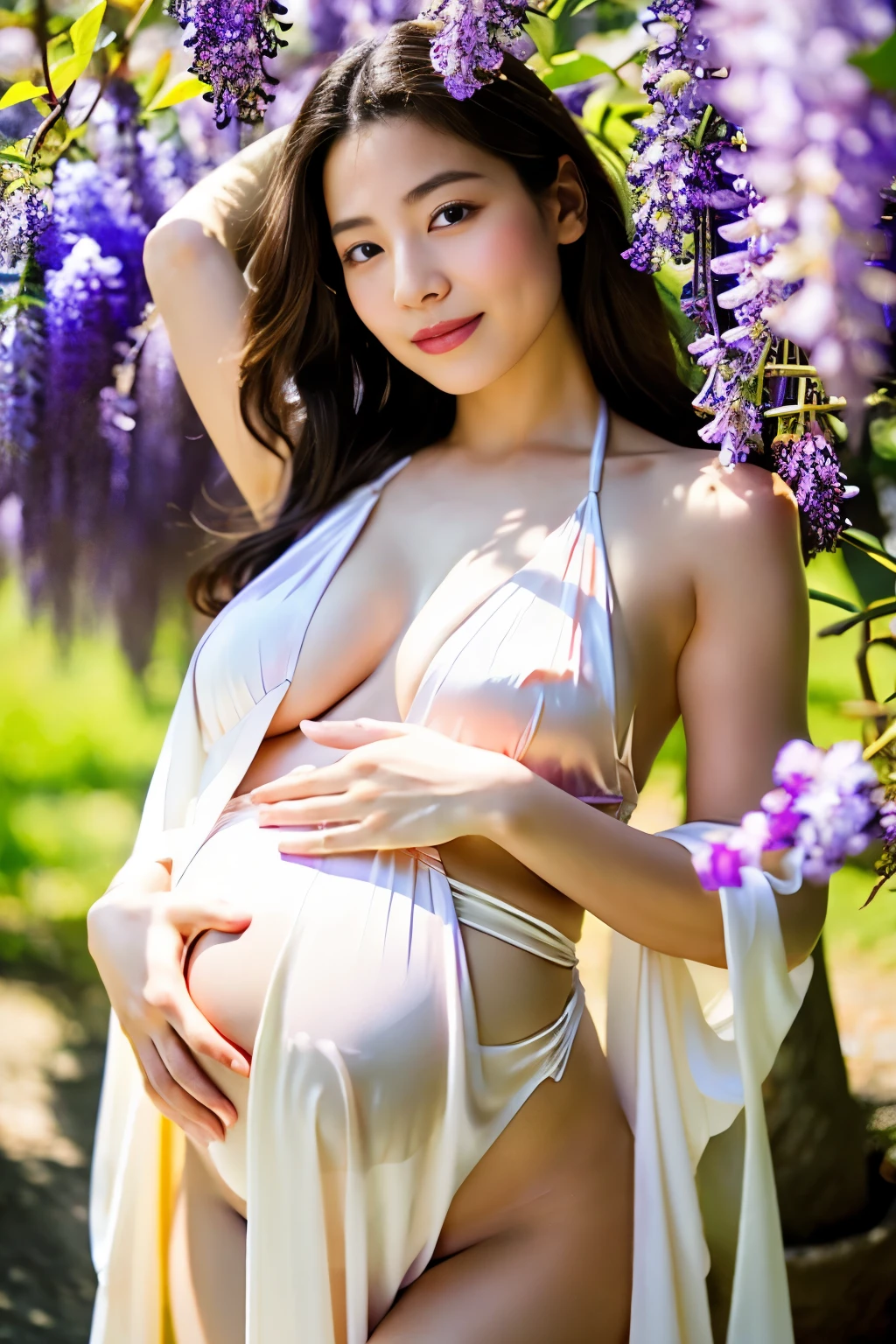 (highest quality、table top、8K、best image quality、hyper realism)、Beauty、pregnancy、highly detailed face、upper body photo、big breasts、the biggest smile when you look at me, Long hair fluttering in the wind, Colorful flower garden、Colorful flower garden, white dress、accurate anatomy、Fairytale atmosphere、Fairy tale brilliance、sacred waterfall、heavenly atmosphere、beautiful butterfly々Fluttering、A treasure trove of beautiful nature、a paradise、paradise、beautiful waterfall、Shining beautiful skin
