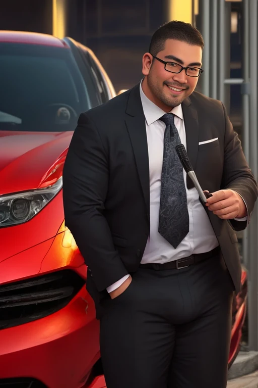 An award-winning original photo, 1 man, solo, (41 year old)), George Pei, Chris Redfield, ((daddy)), muscular male, round face, bulge, tall and hunk, Smiling,Wear glasses and a beard,There was a man in a suit and tie standing next to a car, wears glasses,brush cut,short detailed hair,fatness,double eyelid,slightly fat big breasts,(Best quality, A high resolution, Photorealistic), Cinematic lighting, Masterpiece, RAW photo, Intricate details, hdr,