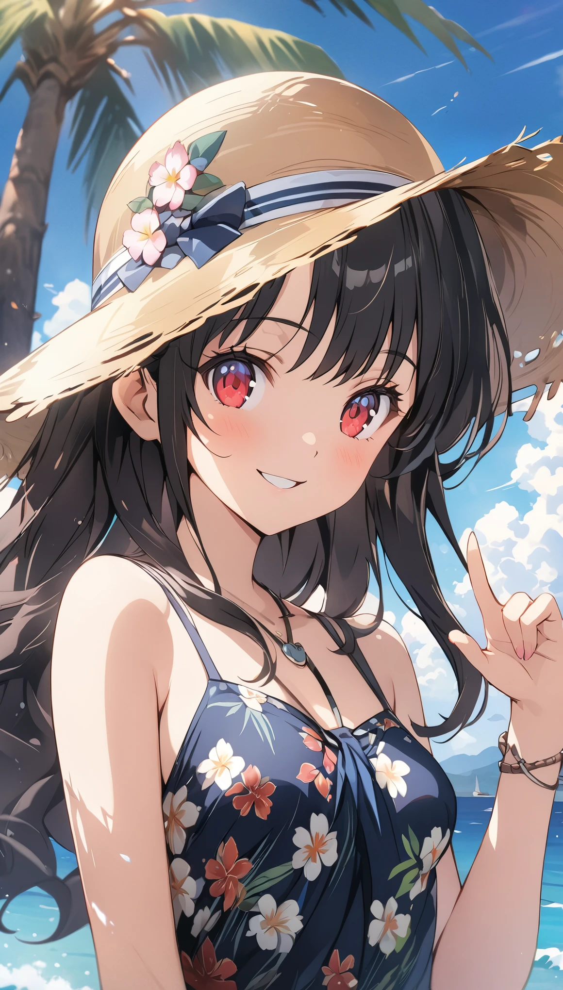 (masterpiece, highest_quality), very be familiar with cg unity 8k wallpaper, wonderful_Are you okay_figure, BREAK 1girl, long black hair wearing a straw hat, small breasts, (shy smile), red eyes, anime style 4k, beautiful anime portrait, anime moe art style, anime art wallpaper 4k, High quality anime art style, anime style portrait, be familiar with digital anime art, anime art wallpaper 8k, cute anime girl portrait, Hawaii background, blue sea, palm trees, sunlight, whole body, BREAK depth of field, perfect hands, nice fingers, 5_finger, 4_finger,1_thumb,