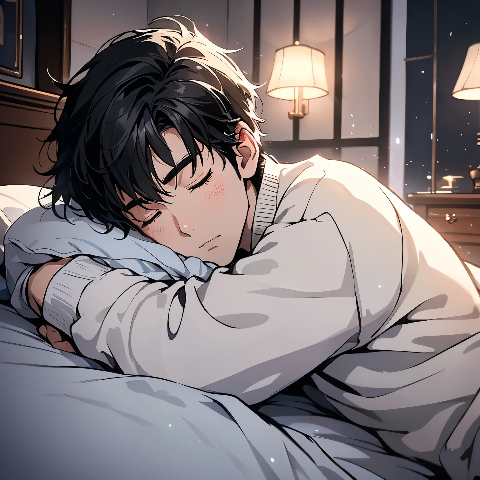 A black hair,18-year-old man in white sweater,Sleeping on the bed in the bedroom of the house,Close your eyes(Upper body display:1.5)(cinematic lighting:1.5))(ultra-high detail:1.5)(best quality:1.5)