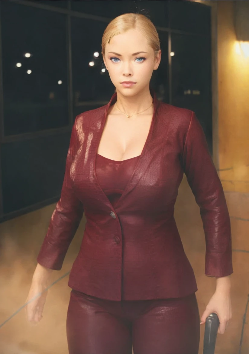 T3RMKL0K, blue eyed, cleavage, red outfit
