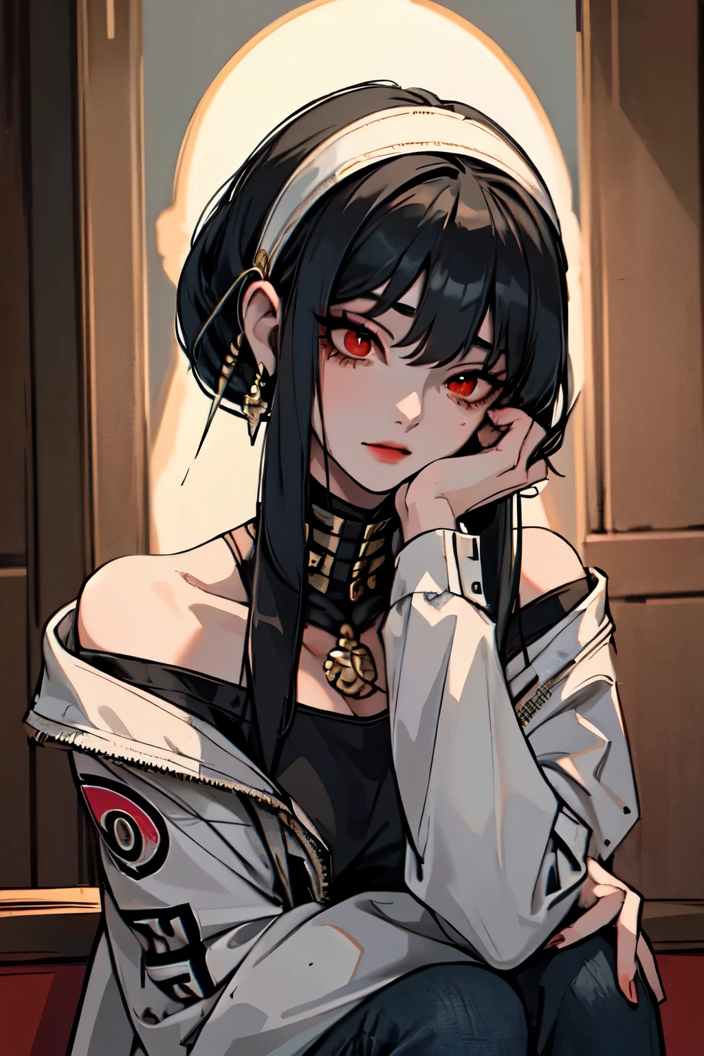 (masterpiece, best quality), 1girl, bbyorf, short hair with long locks, white hairband, red eyes, gold earrings, large breasts, emo, beautiful hair, black hair, colorful hair, intricate jacket, jeans, magical tattoos, perfect night, moonlight, street