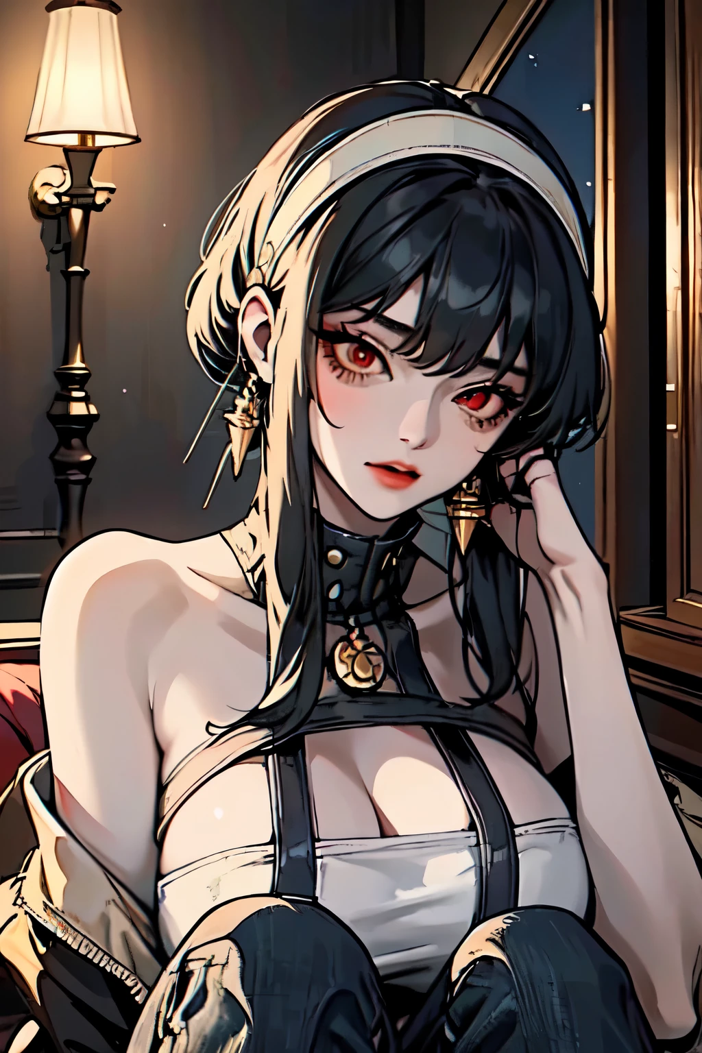 (masterpiece, best quality), 1girl, bbyorf, short hair with long locks, white hairband, red eyes, gold earrings, large breasts, emo, beautiful hair, black hair, colorful hair, intricate jacket, jeans, magical tattoos, perfect night, moonlight, street