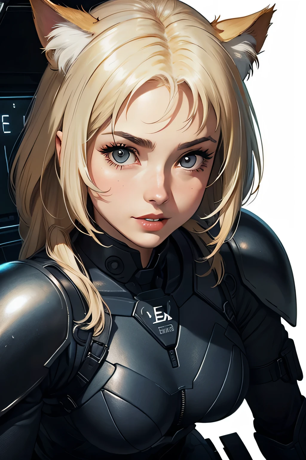 ((highest quality)), ((masterpiece)), (be familiar with), (High definition), 8K, Perfect Face、2Women、Two blonde women with cat ears、((Standing by in the mobile suit&#39;s 2cockpit))、Fearless smile、tall、2 Blonde cat ears、2. Long Hair、2. Volumetric hair style、Large Breasts、Narrow waist、Big Ass、glamorous、Alluring、protector、Armor、combat suit、Combat Boots、Armament、Cinematic、Best Shadow、Side lighting、NEO TOKYO、((cockpit))、(Close-up of face)