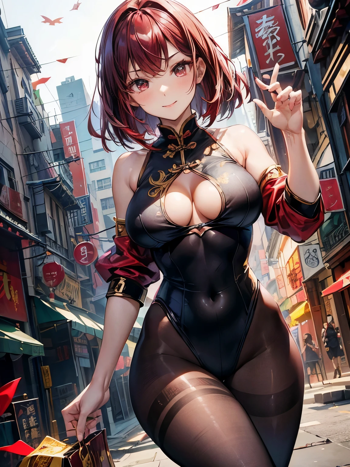 highest quality、Nice sexy body、One Woman、solo、(Beautiful busty woman:1.5)、Medium hair woman、((Woman with dark red hair))、(A woman wearing a black Chinese leotard)、Chinese leotard with gold pattern、A woman wearing brown pantyhose、Smiling woman、Chinatown