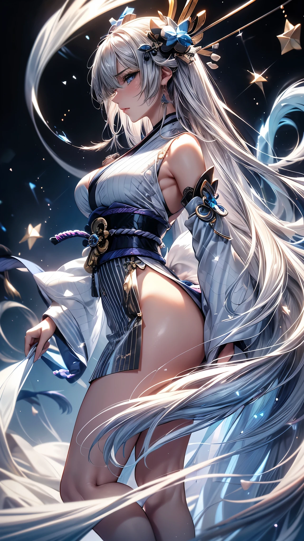 (Ultra-delicate), (Be focused), (high resolution), (((Silver hair with gradient stripes and light blue tail))), Cute beauty face, Fine facial textures, ((Light blue eyes)), thin eyebrows, long upper eyelashes, Double eyelids, Upper Eye, (super detailed eyes), Sexy lips, lip details, White skin, Delicate skin, Deformed depth of field blurred background, (Detailed background), Perfect layer cut, (full-body shot/Cowboy shooting/side view), wallpaper, Shimmer, complicated, familiar, (Onmyoji), particle, constellation, Stardust, Pentagram, ((Talisman)), mysterious, peaceful, Japan, Black, White Kimono, Fortune Telling, time and space, incantations, Yin Yang Liao, Artistic, 8k