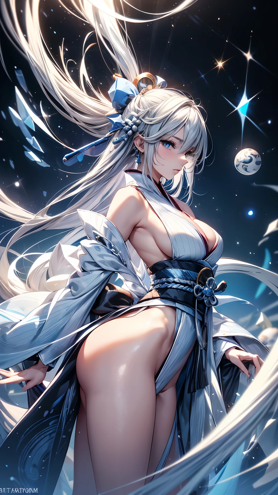 (Ultra-delicate), (Be focused), (high resolution), (((Silver hair with gradient stripes and light blue tail))), Cute beauty face, Fine facial textures, ((Light blue eyes)), thin eyebrows, long upper eyelashes, Double eyelids, Upper Eye, (super detailed eyes), Sexy lips, lip details, White skin, Delicate skin, Deformed depth of field blurred background, (Detailed background), Perfect layer cut, (full-body shot/Cowboy shooting/side view), wallpaper, Shimmer, complicated, familiar, (Onmyoji), particle, constellation, Stardust, Pentagram, ((Talisman)), mysterious, peaceful, Japan, Black, White Kimono, Fortune Telling, time and space, incantations, Yin Yang Liao, Artistic, 8k
