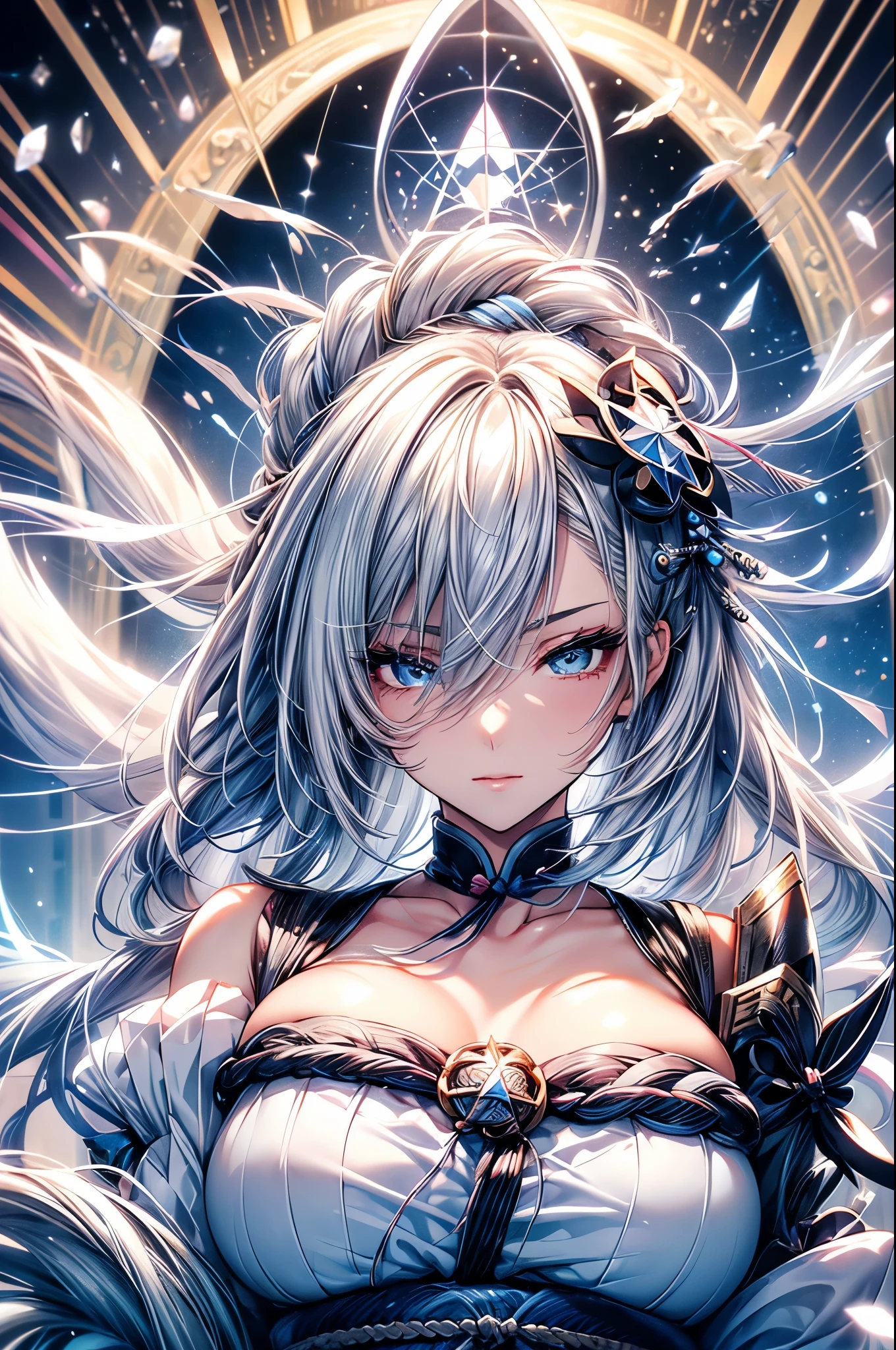 (Ultra-delicate), (Be focused), (high resolution), (((Silver hair with gradient stripes and light blue tail))), Cute beauty face, Fine facial textures, ((Light blue eyes)), thin eyebrows, long upper eyelashes, Double eyelids, Upper Eye, (super detailed eyes), Sexy lips, lip details, White skin, Delicate skin, Deformed depth of field blurred background, (Detailed background), Perfect layer cut, (full-body shot/Cowboy shooting/side view), wallpaper, Shimmer, complicated, familiar, (Onmyoji), particle, constellation, Stardust, Pentagram, ((Talisman)), mysterious, peaceful, Japan, Black, White Kimono, Fortune Telling, time and space, incantations, Yin Yang Liao, Artistic, 8k