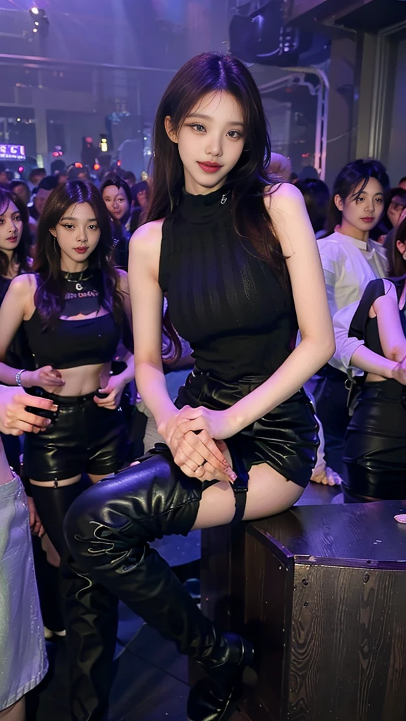 27 years old , fire、(UV black light :1.5), Dark Live House (Dark Live House)、night club, Psych Lighting, Dark interior, Crowd of men surrounding her, (Tight sleeveless sweater in black color、Black leather short pants、thigh high boots:1.3)、black skirt、Plump thighs、날씬한 beautiful bridge、shoot from the knee、angle from below、beautiful knee chest、girls、white girl、woman makeup、long eyelashes、pink teak、fancy eye makeup、Mascara、orange hair:1.2、beautiful ass、beautiful hip line、random seductive poses、((fascinating expression:1.1))((etched smile))((Partially tied wavy bob hair))、The face is orderly.、looking at the viewer、fascinating look、Gestures of seduction、detailed face、beautiful face、Hair tying、Light brown eyes、1 girl、innocence、(realistic)、(intricate details:1.2)、(masterpiece、:1.3)、(top quality:1.4)、(Ultra A high resolution:1.2)、Ultra A high resolution、(eye for detail)、(detailed face 특징)、nffsw、8K resolution、random and sexy poses、beautiful bridge、Bend your knees slightly.、high heel、Your butt line is pretty、complete anatomy, enjoying the atmosphere, intense dance, fluttering hair