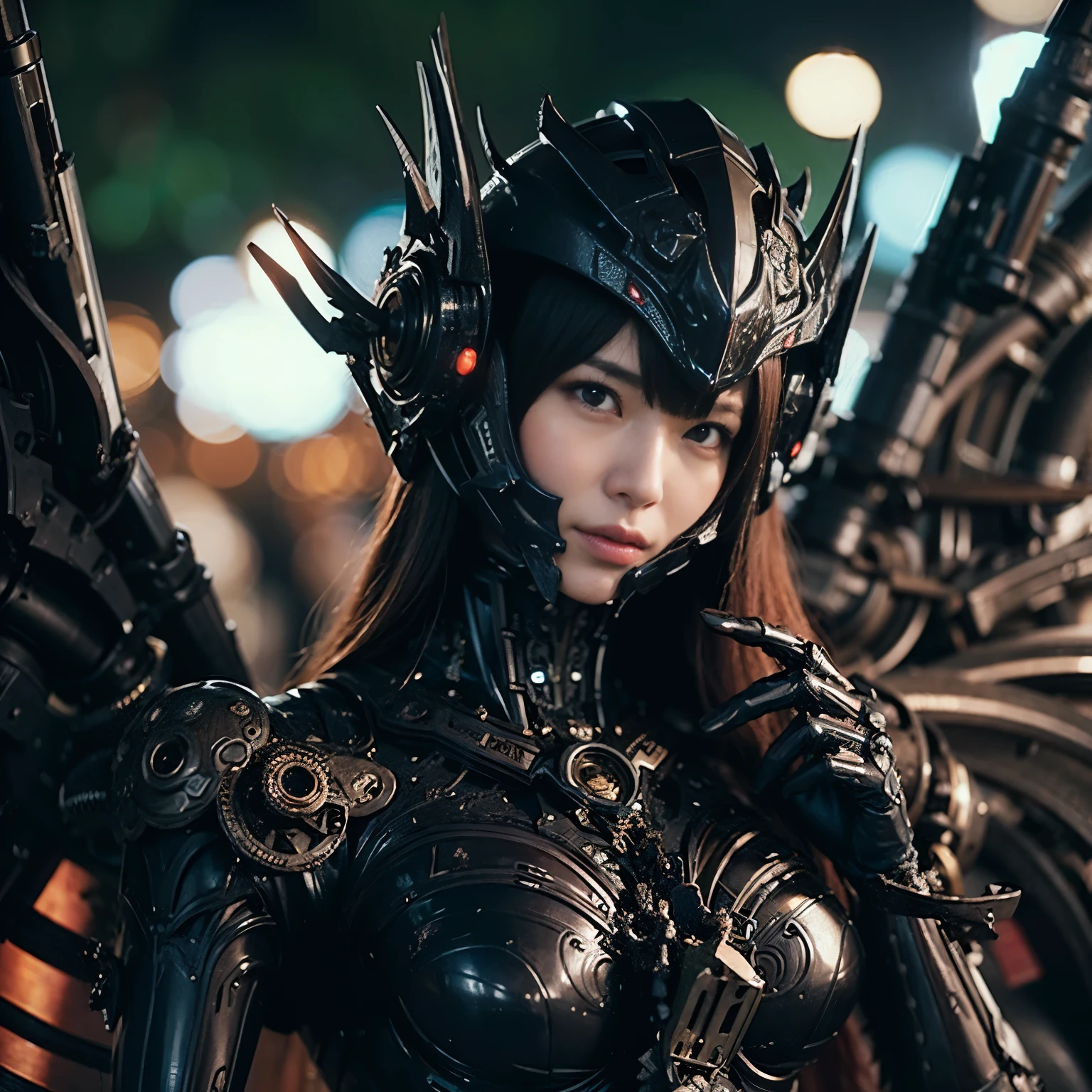 (Masterpiece, ultimate quality:1.2), 8k, Japanese woman wearing a devil-shaped powered suit, very beautiful face, mechanical, ultimately intricate details, full body shot, (ultimate photorealistic:1.37), park with a beautiful view at night, steampunk , full body image, wide angle