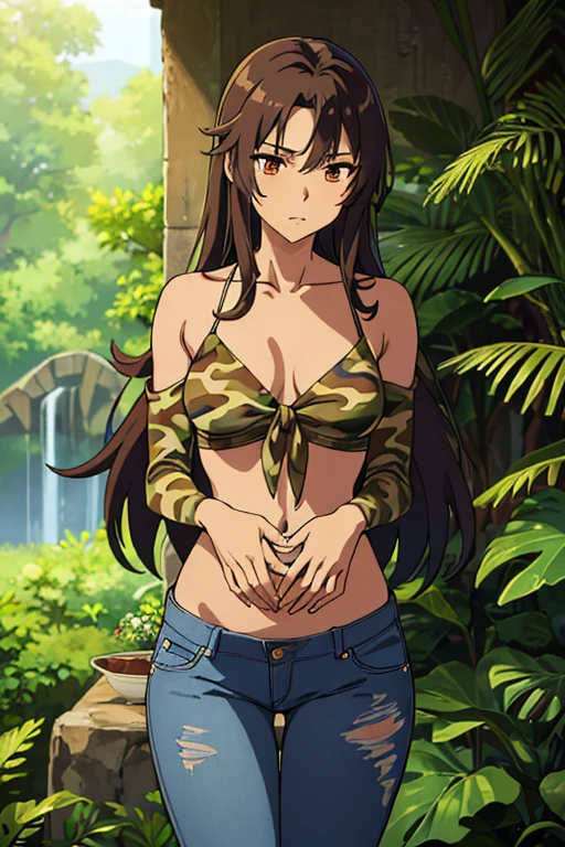 ((best quality)), ((masterpiece)), (detailed), perfect face, brown skin anime girl in a deep V Neck front-tie top, (bare shoulders), (jeans trousers), (jungle camo designed top), famished in hunger, (gently resting hands on stomach), (long hair), (hands on her stomach)