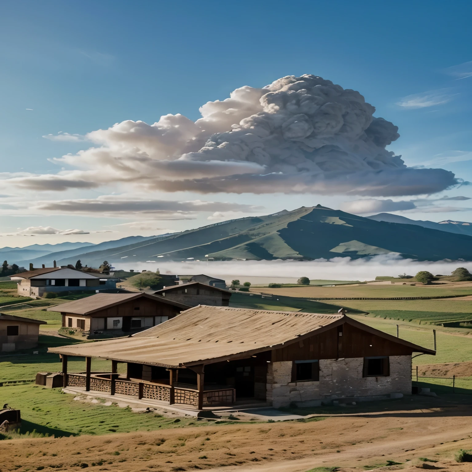 Imagem rural, a simple house with smoke and mountains in the background with a horse. Clima tropical. Quero cavalos, I want corn plantation in the background